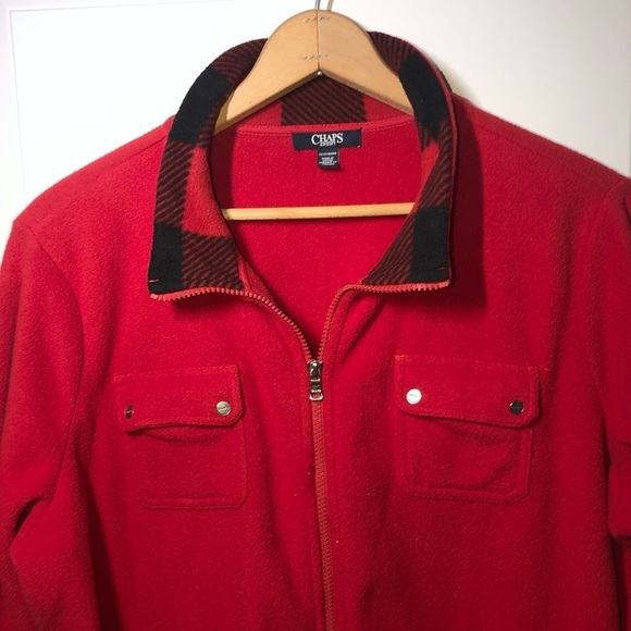 Chaps red fleece zip up jacket with buffalo plaid on collar 2X - Picture 2 of 8